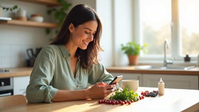 Энергичная ухоженная женщина 35+ за утренним чаем — витамины для кожи, волос и энергии