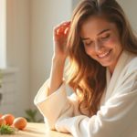 Ухоженная женщина 35 лет расчёсывает блестящие волосы утром — витамины Maxi-Hair Plus для восстановления волос