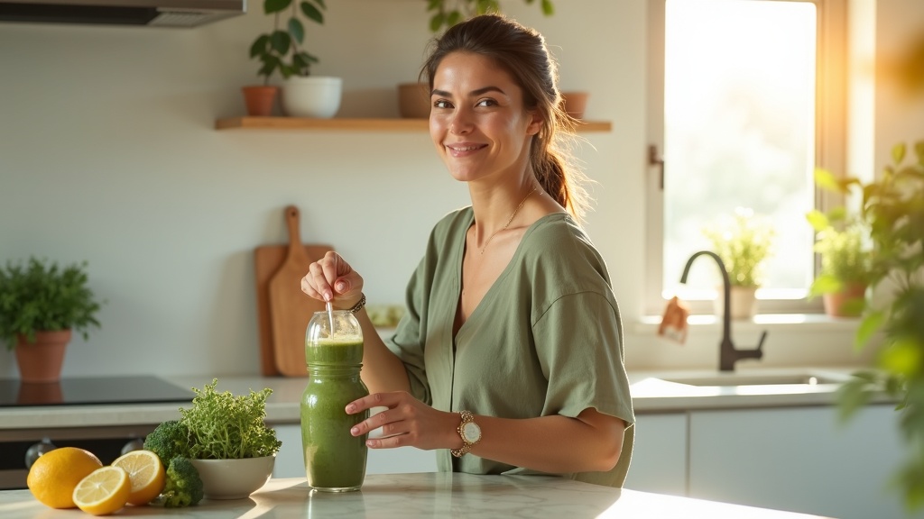 Энергичная женщина 40 лет готовит зелёный смузи утром — синергия брокколи и глутатиона, Brocco-Glutathione Nature's Answer