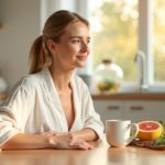 Ухоженная женщина с чистой кожей за утренним чаем — детокс и гормональный баланс с D-глюкаратом кальция