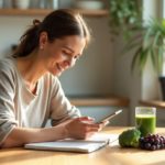 Ухоженная женщина ~45 лет за утренним столом с брокколи и виноградом — индол-3-карбинол с ресвератролом Swanson
